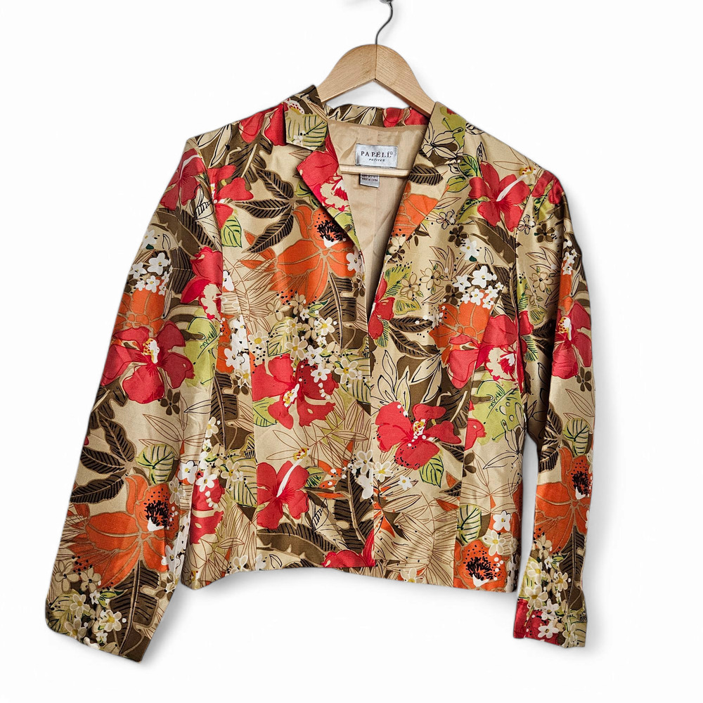 Adrianna Papell Petite Womens Floral Silk Boho Chic Blazer Jacket Size 14P